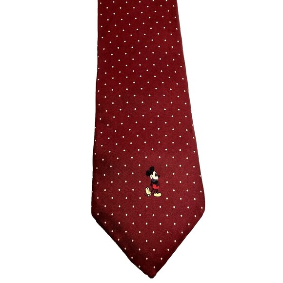 Mickey Mouse Cervantes Tie Y2K Vtg Disney World Maroon Red Repp Weave Polka Dots - Picture 4 of 9